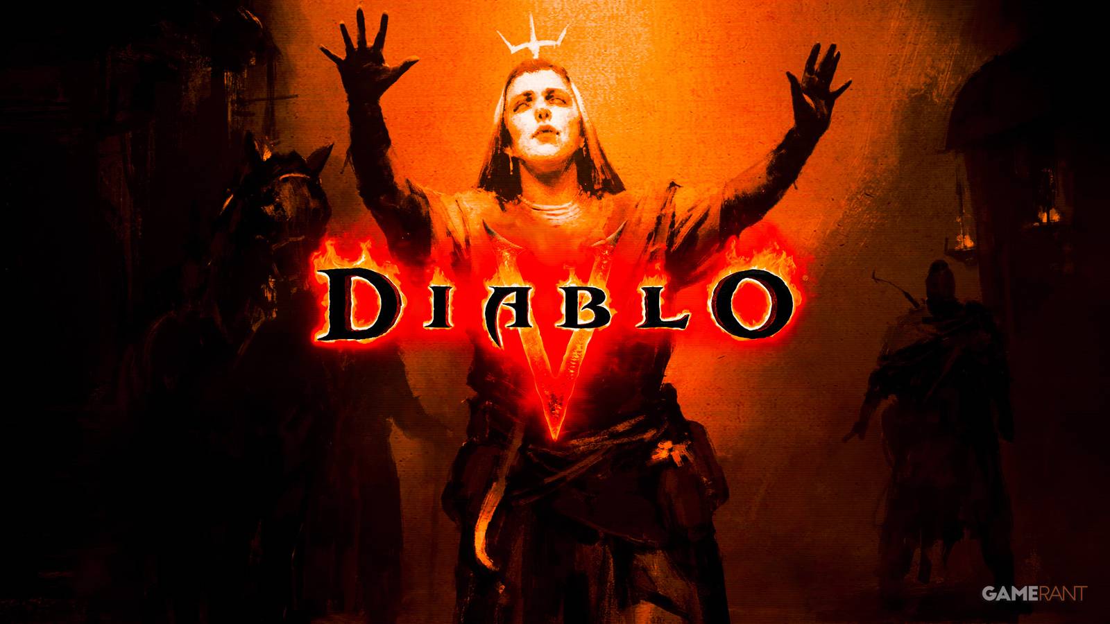 diablo 5 character with raised arms behind game logo ominous dark red and orange composite