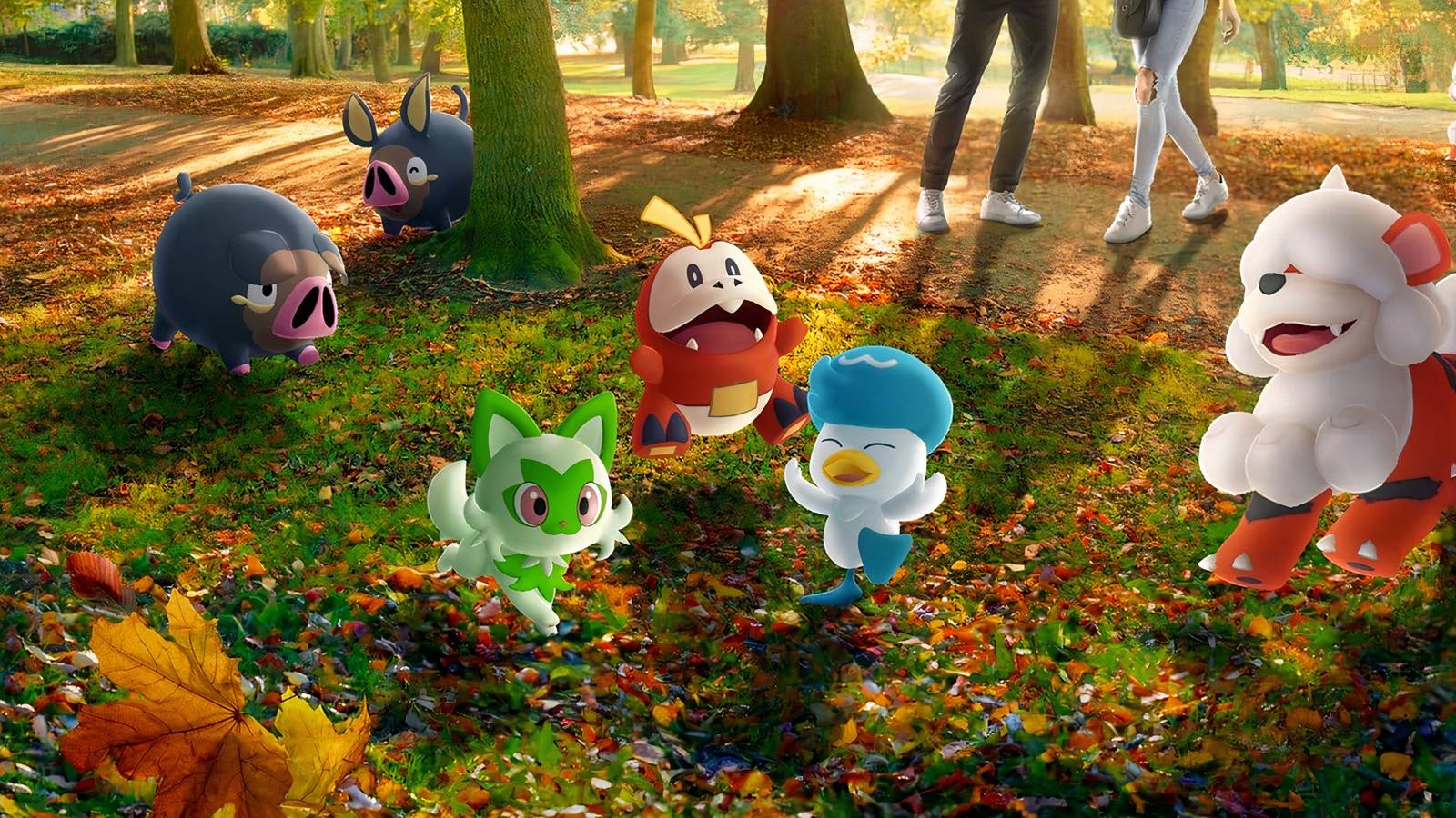 Pokemon GO Konfirmasi Debut Dua Pokemon Gen 9 di Event September 4 lechonk growlithe quaxly fuecoco and sprigatito playing in field cropped official art