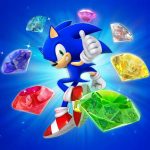 sonic the hedgehog surrounded by emeralds in 35th anniversary key art