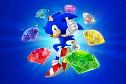 sonic the hedgehog surrounded by emeralds in 35th anniversary key art