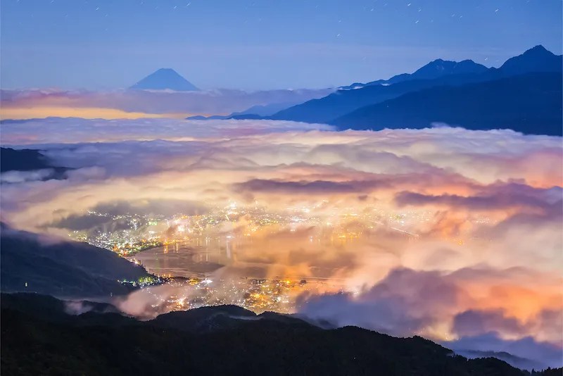 Clouds Over Naganos Lake Suwa with Mt.Fuji in the Background