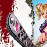 juliet from lollipop chainsaw sawing through a wall with blood splatters