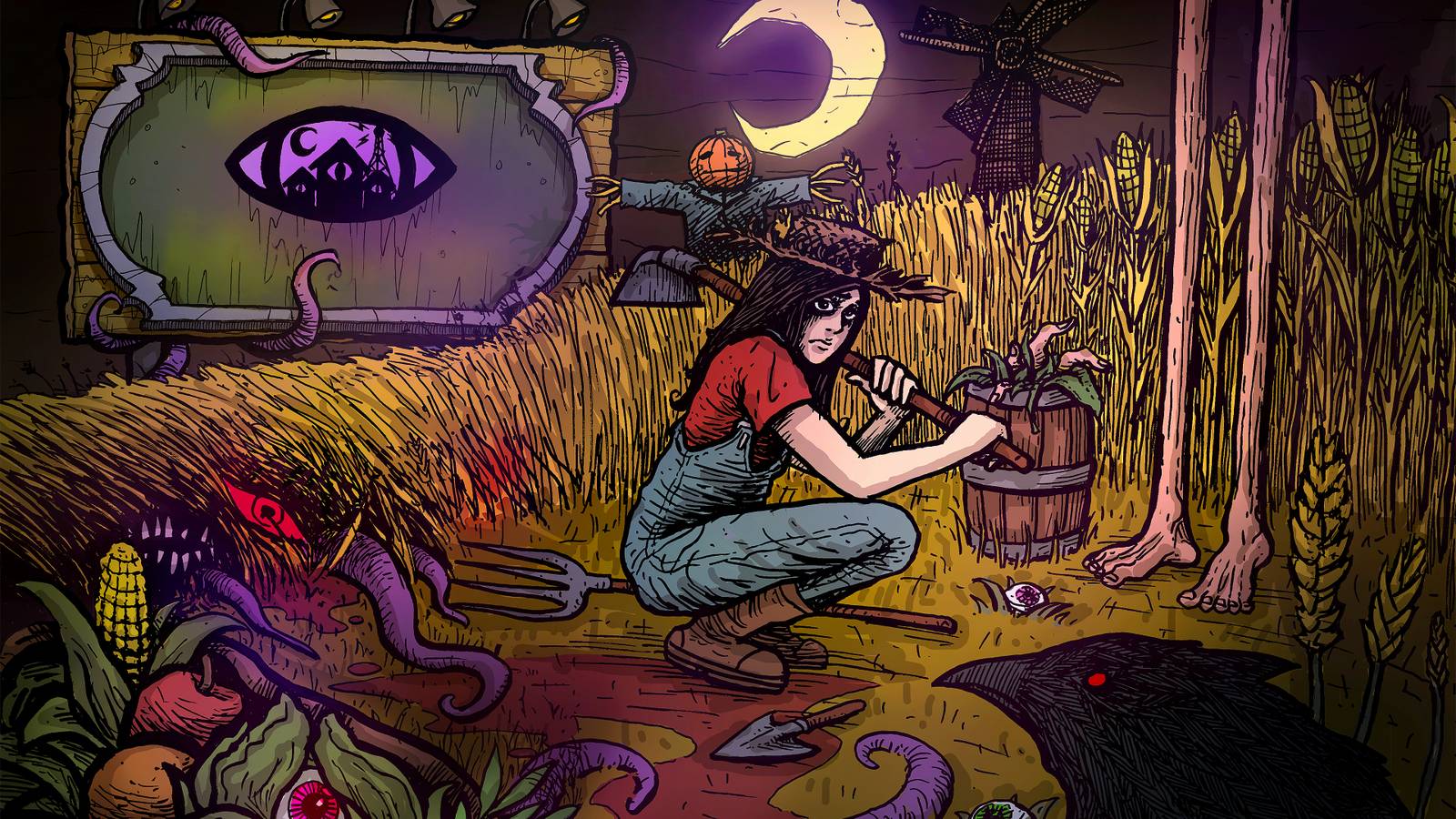 Game RPG Steam Bernuansa Stardew Valley dan Stranger Things Ini Bagaikan Mimpi Buruk yang Tak Ingin Usai 1 main character farming in welcome to elderfield key art