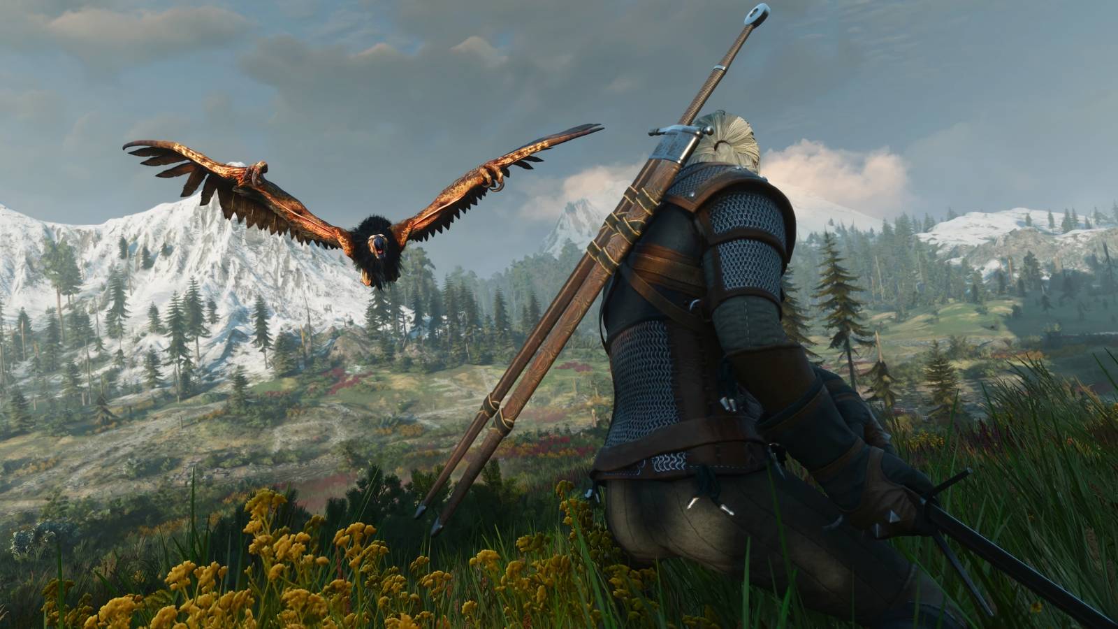 geralt preparing to attack a griffin in the witcher 3 remastered