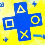 playstation plus logo submark blue on yellow ps plus symbol patterned background composite