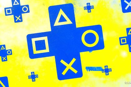 playstation plus logo submark blue on yellow ps plus symbol patterned background composite