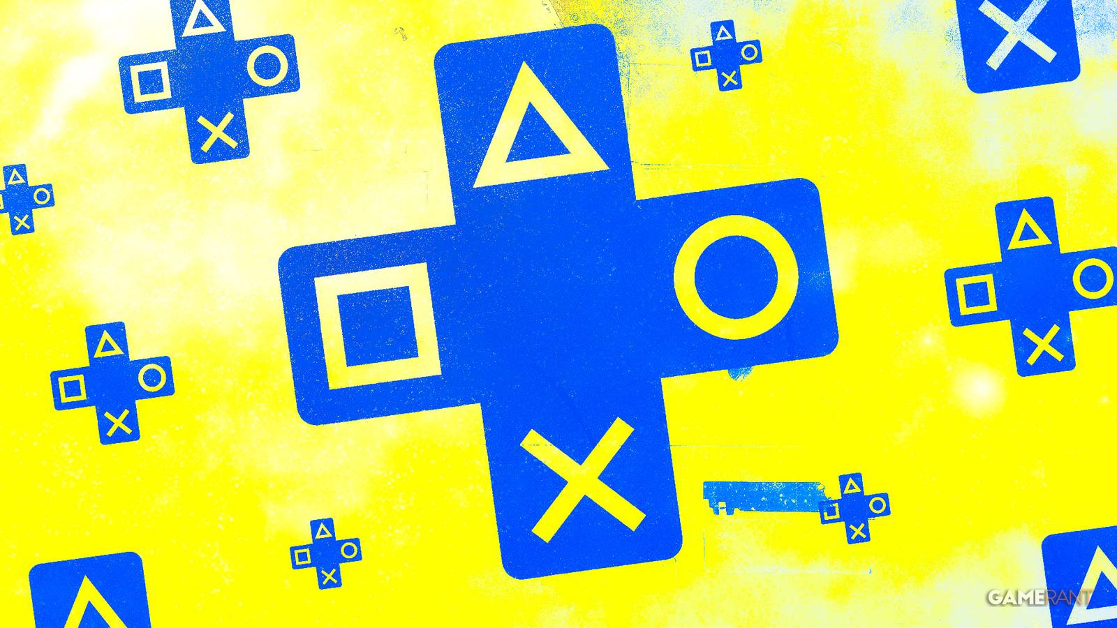 playstation plus logo submark blue on yellow ps plus symbol patterned background composite
