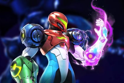 samus using an ability in metroid ravenous in front of dark blue background