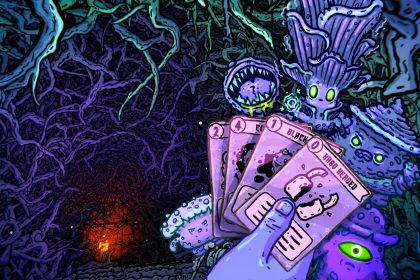 Game Roguelike Deckbuilder Baru di Steam Ini Langsung Jadi Salah Satu yang Terbaik Tahun Ini 1 hand holding a deck of cards in shroom and gloom key art