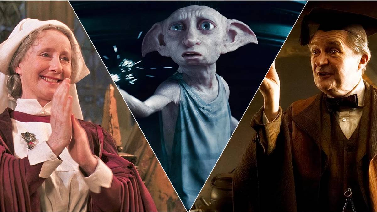 10 Karakter Harry Potter yang Jauh Lebih Kuat dari Perkiraan Penggemar, Berdasarkan Peringkat 7 a split image of madam pomfrey dobby the house elf and professor slughorn in harry potter