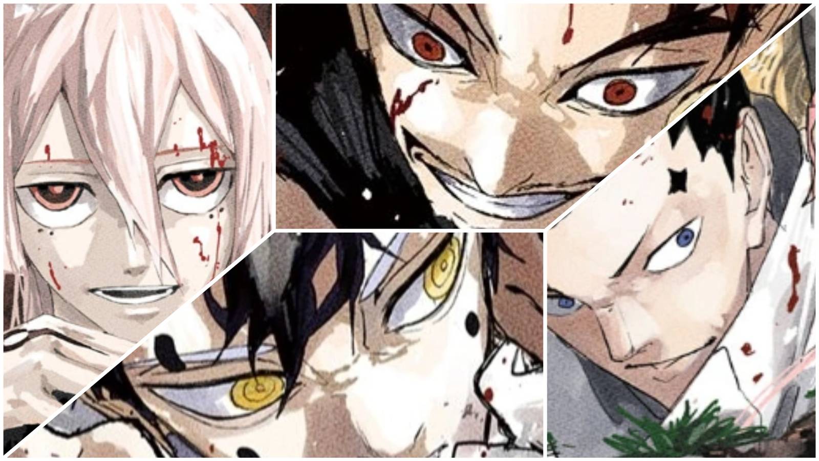 Kagurabachi: 8 Penyihir Hishaku Terkuat yang Diberi Peringkat 5 kagurabachi colored manga portrait images of hishaku members hiruhiko hokuto kuguri and their leader yura