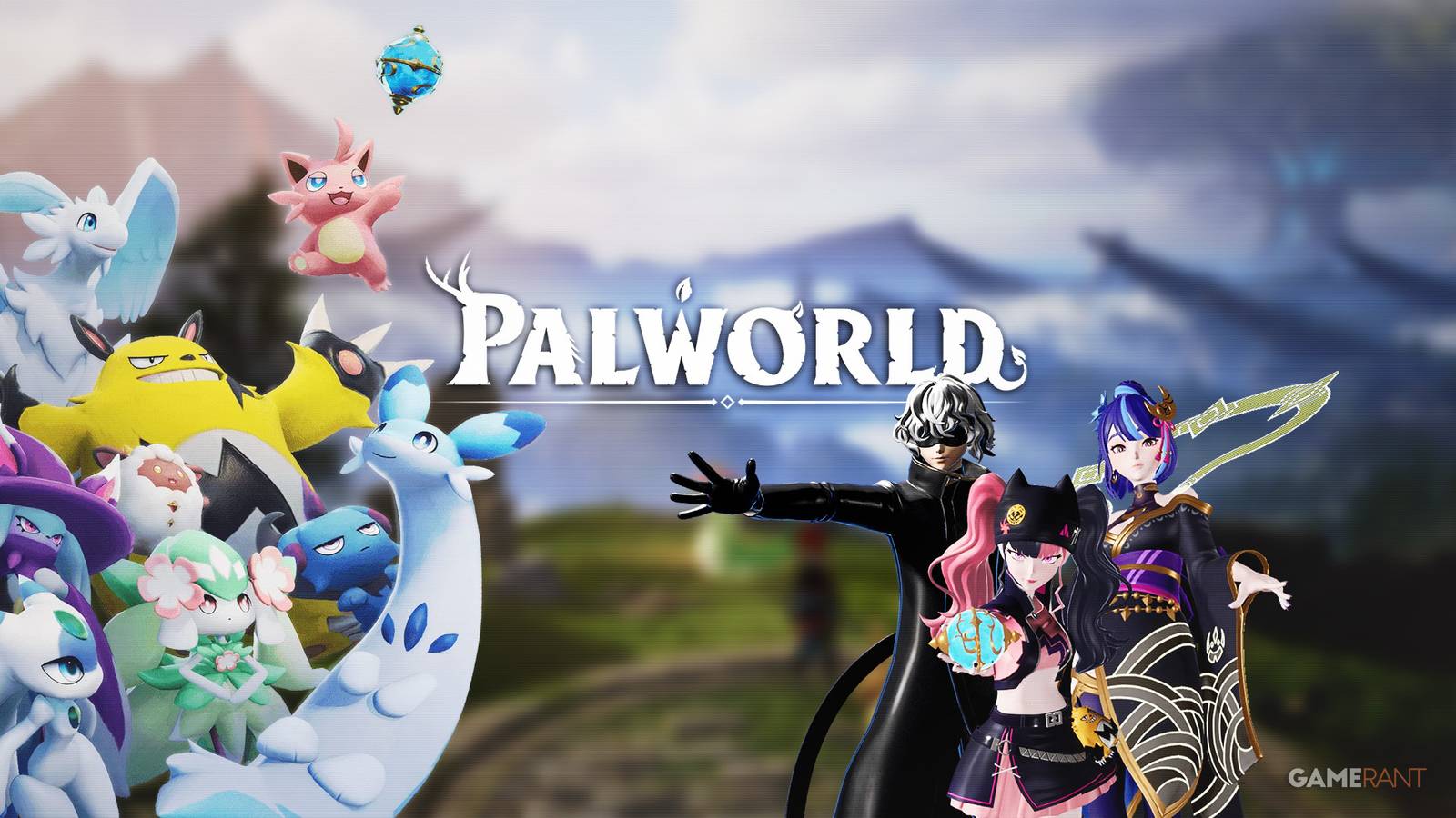 palworld logo with characters and pals composite